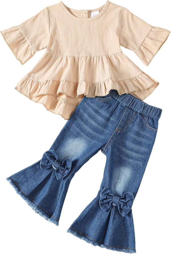 Kucnuzki Toddler Baby Girls Clothes Short Sleeve Shirt Top Flare Denim Jeans 2 Piece Outfits For Girls Cute Clothing Set