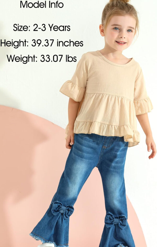 Kucnuzki Toddler Baby Girls Clothes Short Sleeve Shirt Top Flare Denim Jeans 2 Piece Outfits For Girls Cute Clothing Set