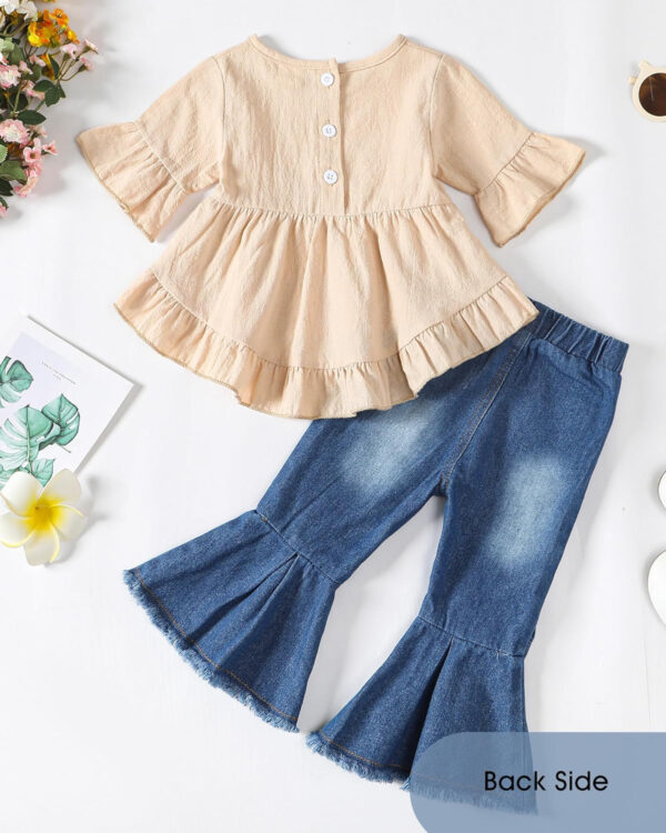 Kucnuzki Toddler Baby Girls Clothes Short Sleeve Shirt Top Flare Denim Jeans 2 Piece Outfits For Girls Cute Clothing Set