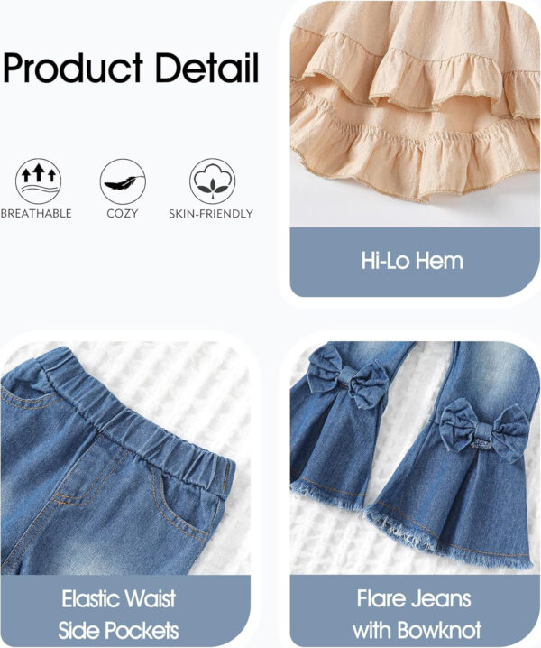 Kucnuzki Toddler Baby Girls Clothes Short Sleeve Shirt Top Flare Denim Jeans 2 Piece Outfits For Girls Cute Clothing Set