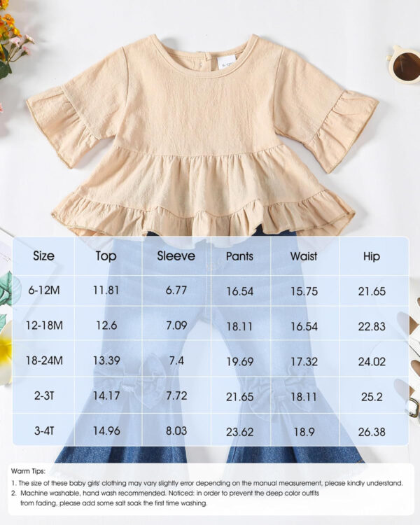 Kucnuzki Toddler Baby Girls Clothes Short Sleeve Shirt Top Flare Denim Jeans 2 Piece Outfits For Girls Cute Clothing Set