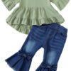 Kucnuzki Toddler Baby Girls Clothes Short Sleeve Shirt Top Flare Denim Jeans 2 Piece Outfits For Girls Cute Clothing Set