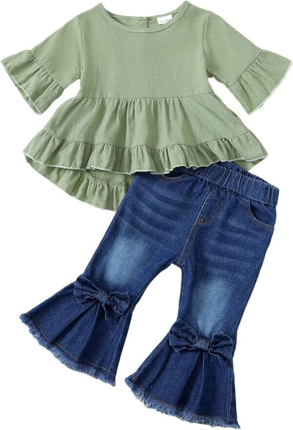 Kucnuzki Toddler Baby Girls Clothes Short Sleeve Shirt Top Flare Denim Jeans 2 Piece Outfits For Girls Cute Clothing Set