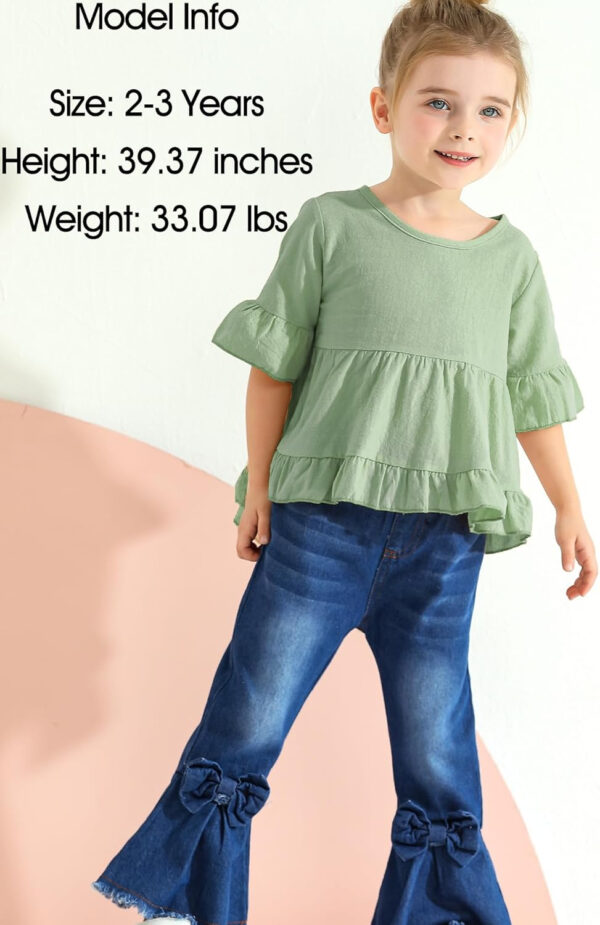 Kucnuzki Toddler Baby Girls Clothes Short Sleeve Shirt Top Flare Denim Jeans 2 Piece Outfits For Girls Cute Clothing Set