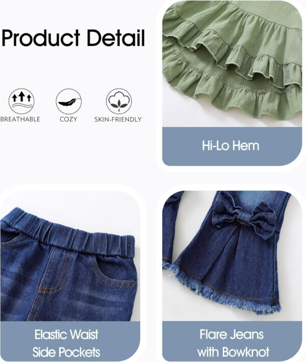 Kucnuzki Toddler Baby Girls Clothes Short Sleeve Shirt Top Flare Denim Jeans 2 Piece Outfits For Girls Cute Clothing Set