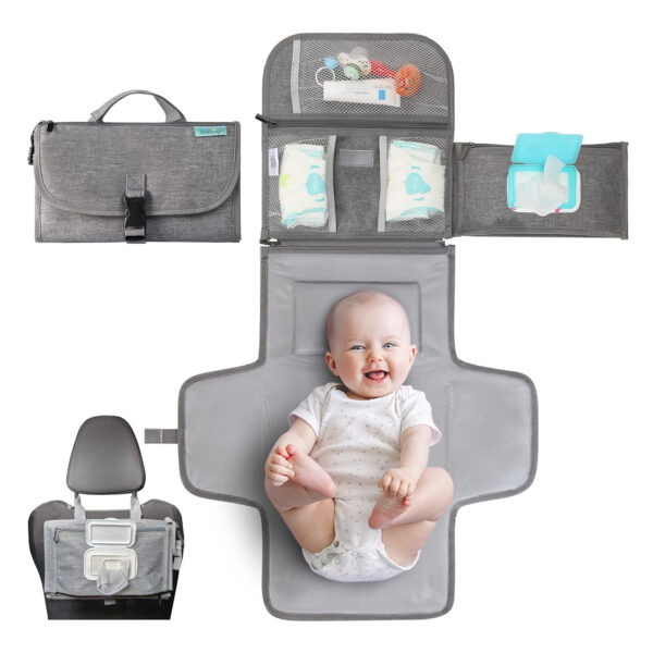 Kopi Baby Portable Diaper Changing Pad - Baby Diaper Changer Travel Bag with Wipes Pocket, Smart Design Portable Changing Mat, Infant Travel Station Kit, Gift for Newborn Girl & Boy - Grey, Classic