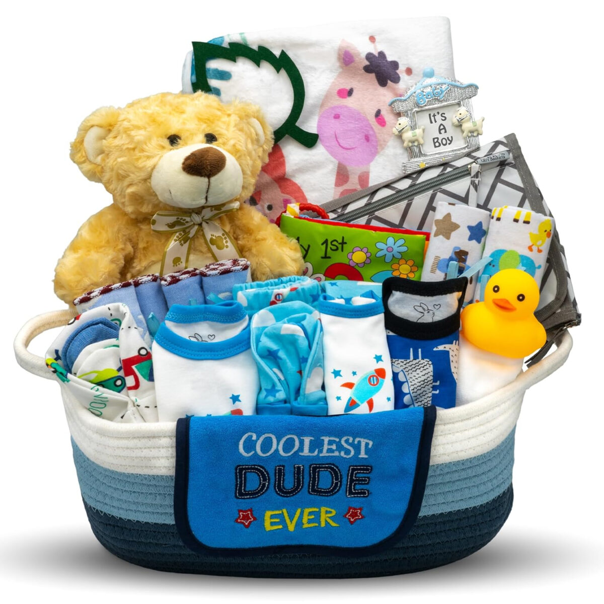 Bundle of Joy Deluxe New Baby Boy Gift Set | Baby Essentials for Expecting Moms & Parents | 25-Piece Newborn Gift Basket Hamper Layette Set for Gender Reveal | Blue - Nikki's Gift Baskets