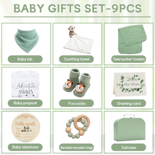 Baby Gift Set Baby Shower Gifts Basket for Newborns New Born Baby Sage Green Gift Basket with Baby Rattle Swaddle Security Blanket for Gender Neutral Baby Girls Boys