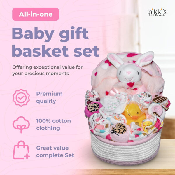 Bassinet New Baby Girl Gift Set | Unique Newborn Gift Basket Hamper for Gender Reveal | Baby Essentials for Expecting Moms & Parents | 17-Piece Baby Layette Set | Pink - Nikki's Gift Baskets