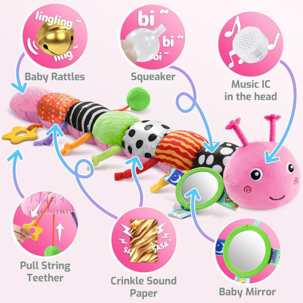 Sumobaby Infant Baby Musical Stuffed Animal Toys for 0-3-6-12 Months,Multi Sensory Toys with Crinkle and Rattles, Tummy Time Toys for Newborn Boys Girls, Caterpillar, Pink