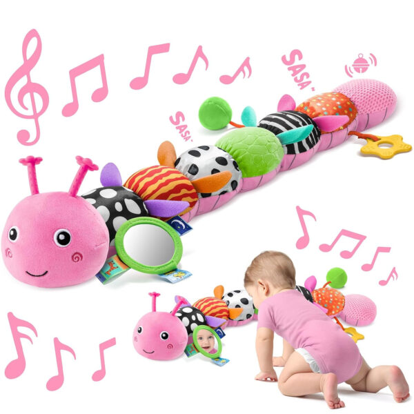 Sumobaby Infant Baby Musical Stuffed Animal Toys for 0-3-6-12 Months,Multi Sensory Toys with Crinkle and Rattles, Tummy Time Toys for Newborn Boys Girls, Caterpillar, Pink