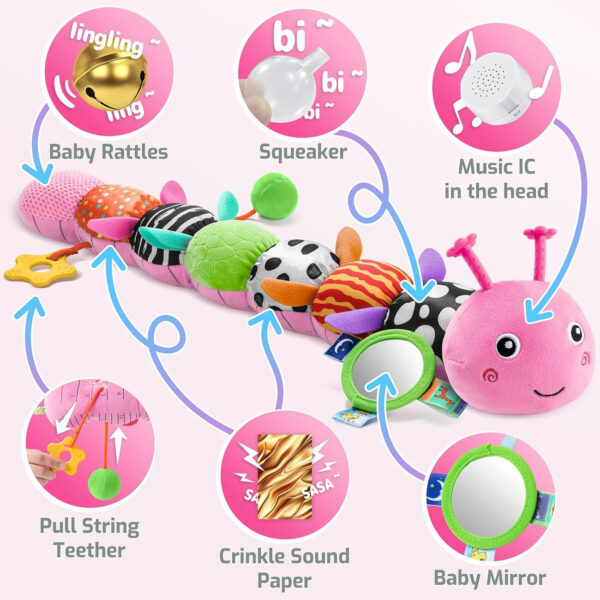 Sumobaby Infant Baby Musical Stuffed Animal Toys for 0-3-6-12 Months,Multi Sensory Toys with Crinkle and Rattles, Tummy Time Toys for Newborn Boys Girls, Caterpillar, Pink