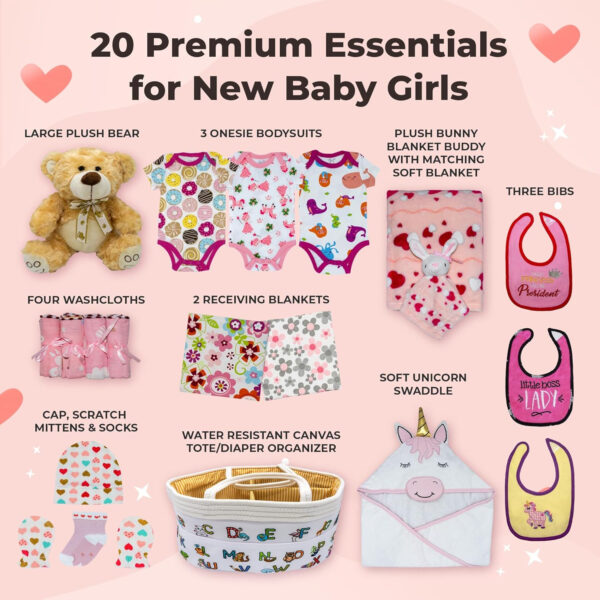 Joyful Arrival Deluxe Baby Girl Gift Basket | 20-Piece Newborn Baby Girl Gift Set | Baby Gift for Expecting Moms and Gender Reveals | New Baby Gift Basket | Baby Gift Set - Pink | Nikki's Gift Baskets