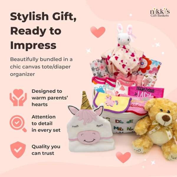 Joyful Arrival Deluxe Baby Girl Gift Basket | 20-Piece Newborn Baby Girl Gift Set | Baby Gift for Expecting Moms and Gender Reveals | New Baby Gift Basket | Baby Gift Set - Pink | Nikki's Gift Baskets