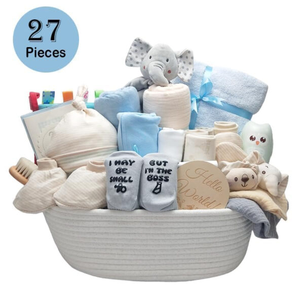 27-Piece Baby Shower Gifts for Boys, Newborn Essentials Must Haves,Large Baby Boy Gift Basket Set Essential Stuff,Gender Reveal Gifts,Rattle Swaddle,Blue,Baby Registry Search,Diaper Caddy Organizer