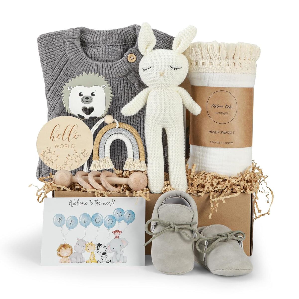 meloom Baby Gift Set, Baby Boy Newborn Gifts Box, Boho Gender Neutral Unisex Baby Essentials, Baby Shower Gifts for New Moms, New Baby Gifts for Boys, Personalized Gift Basket for New Babies