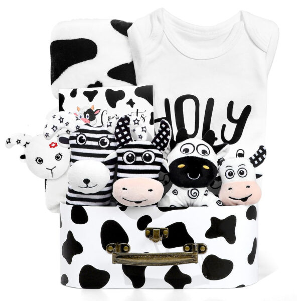 Baby Gift Set, Baby Shower Gifts, Black and White High Contrast Baby Toys 0-6 Months for Newborn Essentials Infant Rattle Socks Elephant Toys Blanket Onesies Baby Gift Basket for Girls Boys