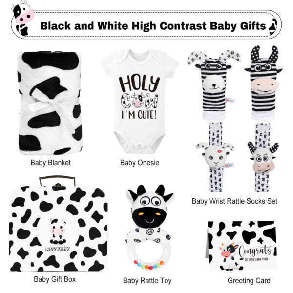 Baby Gift Set, Baby Shower Gifts, Black and White High Contrast Baby Toys 0-6 Months for Newborn Essentials Infant Rattle Socks Elephant Toys Blanket Onesies Baby Gift Basket for Girls Boys