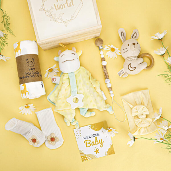 Baby Girl Gifts, for Girls,Newborn Essentials Baby Girl Basket,Wooden Baby Gift Basket Swaddle Blanket Rattle Toy Headband Bow Infant