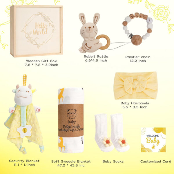 Baby Girl Gifts, for Girls,Newborn Essentials Baby Girl Basket,Wooden Baby Gift Basket Swaddle Blanket Rattle Toy Headband Bow Infant