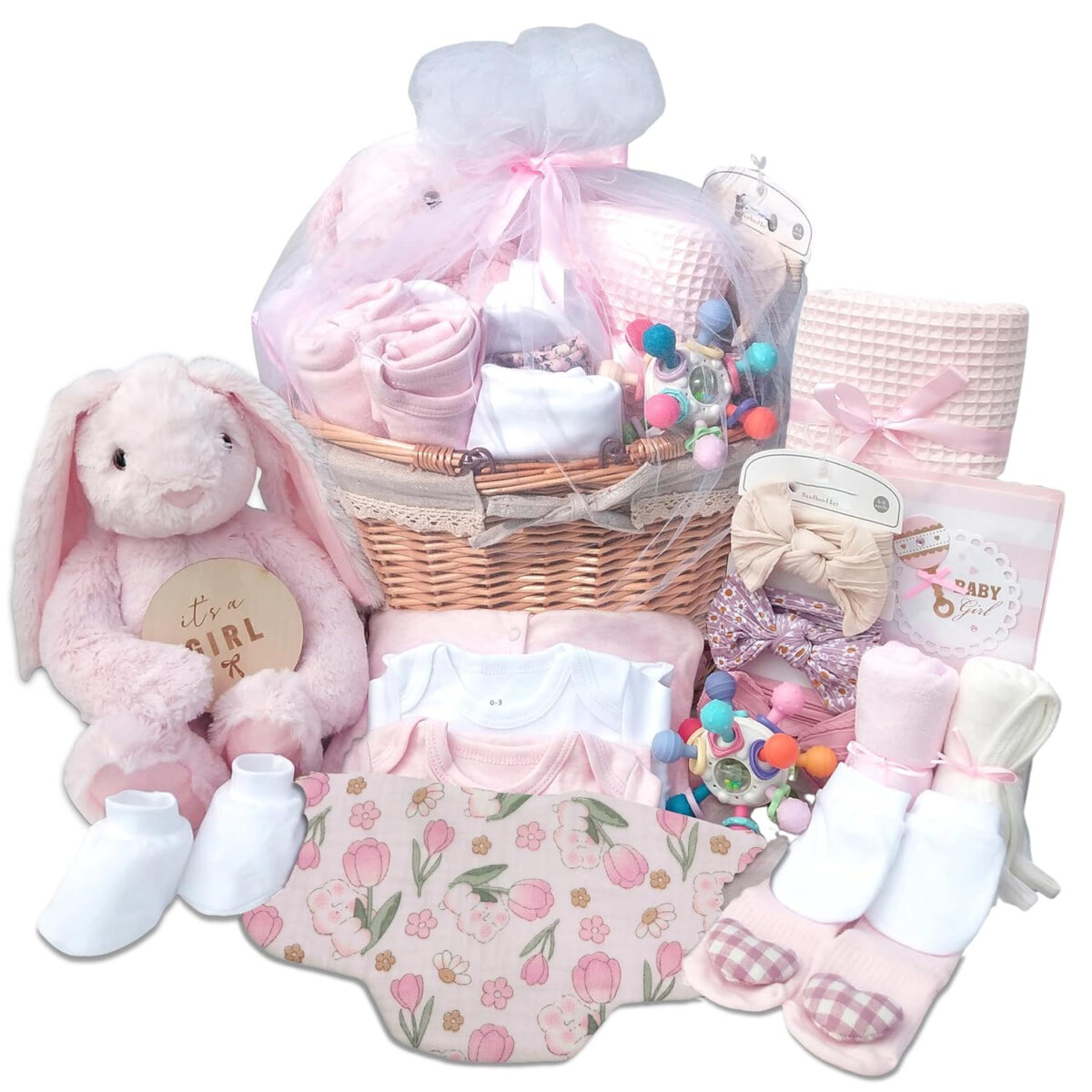 Deluxe Baby Shower Gifts Set for Girl, 21 New Baby Essentials, Gifts for Expecting Moms, Unique Baby Girl Gifts,Baby Girl Clothes,Socks,Blanket & Washcloths,Pink - Gift Baskets