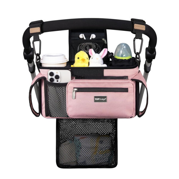 TOPDesign Universal Baby Stroller Organizer, Stroller Caddy with Detachable Mesh Bag & Heightened Insulated Cup Holders & Non-Slip Secure Hooks Accessories, Fits Most Strollers (Pink)