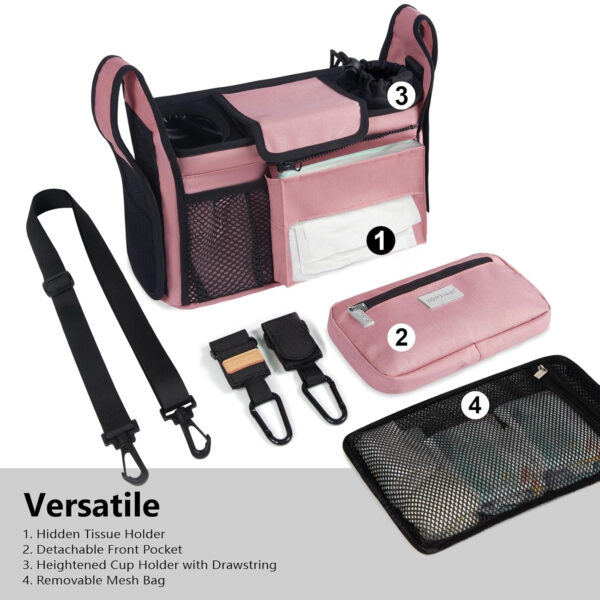 TOPDesign Universal Baby Stroller Organizer, Stroller Caddy with Detachable Mesh Bag & Heightened Insulated Cup Holders & Non-Slip Secure Hooks Accessories, Fits Most Strollers (Pink)
