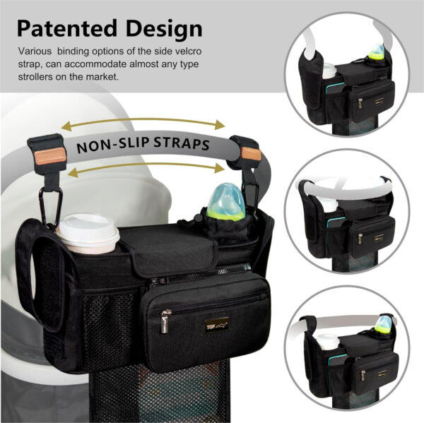 TOPDesign Universal Baby Stroller Organizer, Stroller Caddy with Detachable Mesh Bag & Heightened Insulated Cup Holders & Non-Slip Secure Hooks Accessories, Fits Most Strollers (Pink)