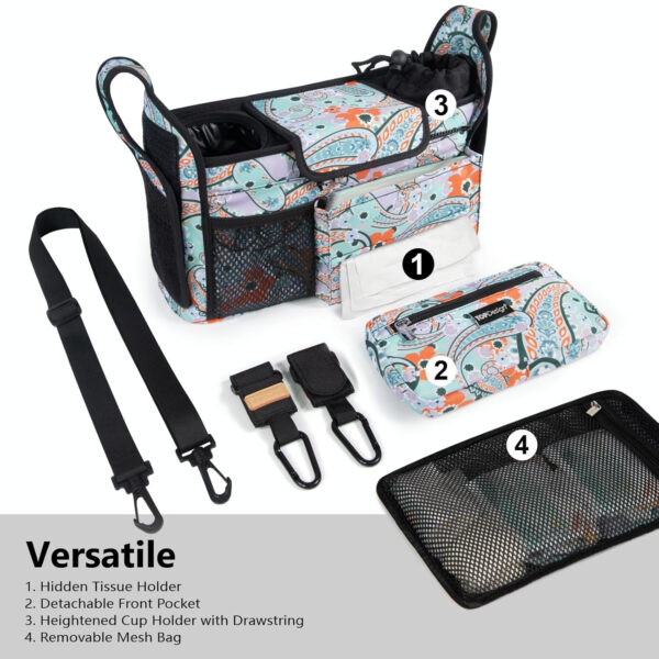 TOPDesign Universal Baby Stroller Organizer, Stroller Caddy with Detachable Mesh Bag & Heightened Insulated Cup Holders & Non-Slip Secure Hooks Accessories, Fits Most Strollers (Pink)