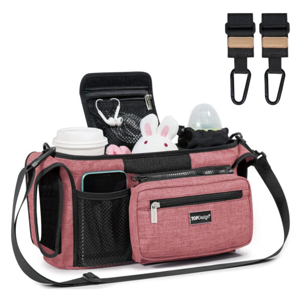 TOPDesign Universal Baby Stroller Organizer, Stroller Caddy with Detachable Mesh Bag & Heightened Insulated Cup Holders & Non-Slip Secure Hooks Accessories, Fits Most Strollers (Pink)