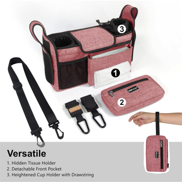 TOPDesign Universal Baby Stroller Organizer, Stroller Caddy with Detachable Mesh Bag & Heightened Insulated Cup Holders & Non-Slip Secure Hooks Accessories, Fits Most Strollers (Pink)