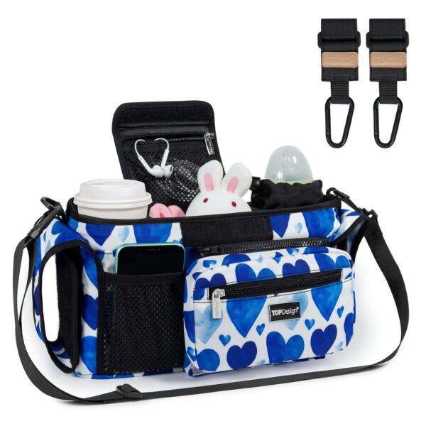 TOPDesign Universal Baby Stroller Organizer, Stroller Caddy with Detachable Mesh Bag & Heightened Insulated Cup Holders & Non-Slip Secure Hooks Accessories, Fits Most Strollers (Pink)