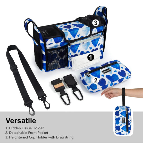 TOPDesign Universal Baby Stroller Organizer, Stroller Caddy with Detachable Mesh Bag & Heightened Insulated Cup Holders & Non-Slip Secure Hooks Accessories, Fits Most Strollers (Pink)