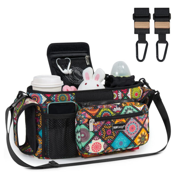 TOPDesign Universal Baby Stroller Organizer, Stroller Caddy with Detachable Mesh Bag & Heightened Insulated Cup Holders & Non-Slip Secure Hooks Accessories, Fits Most Strollers (Pink)