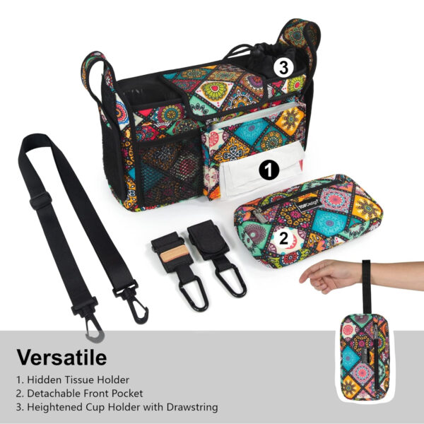 TOPDesign Universal Baby Stroller Organizer, Stroller Caddy with Detachable Mesh Bag & Heightened Insulated Cup Holders & Non-Slip Secure Hooks Accessories, Fits Most Strollers (Pink)