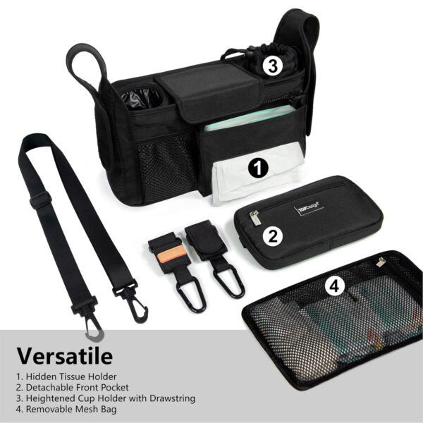 TOPDesign Universal Baby Stroller Organizer, Stroller Caddy with Detachable Mesh Bag & Heightened Insulated Cup Holders & Non-Slip Secure Hooks Accessories, Fits Most Strollers (Pink)