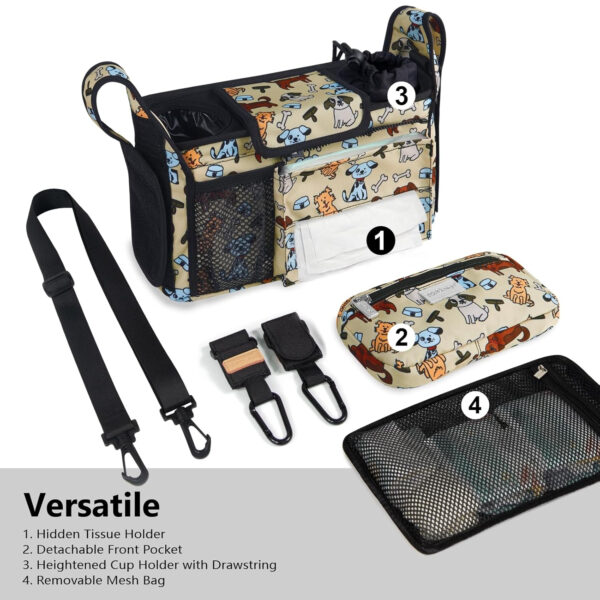 TOPDesign Universal Baby Stroller Organizer, Stroller Caddy with Detachable Mesh Bag & Heightened Insulated Cup Holders & Non-Slip Secure Hooks Accessories, Fits Most Strollers (Pink)