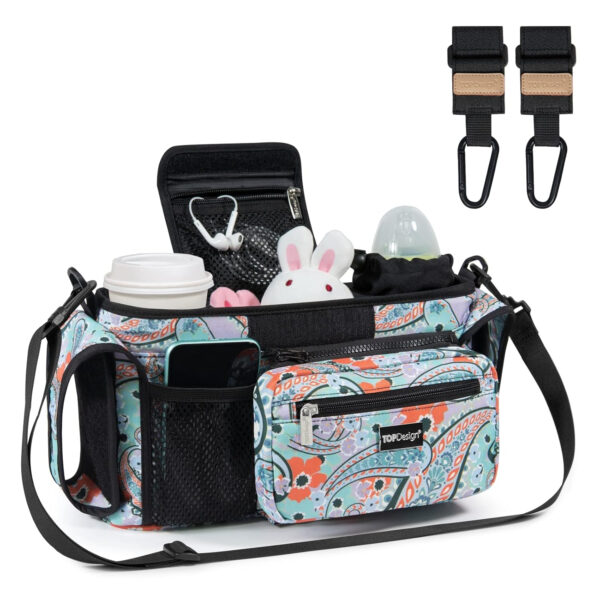 TOPDesign Universal Baby Stroller Organizer, Stroller Caddy with Detachable Mesh Bag & Heightened Insulated Cup Holders & Non-Slip Secure Hooks Accessories, Fits Most Strollers (Pink)