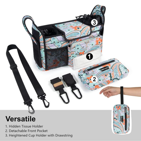 TOPDesign Universal Baby Stroller Organizer, Stroller Caddy with Detachable Mesh Bag & Heightened Insulated Cup Holders & Non-Slip Secure Hooks Accessories, Fits Most Strollers (Pink)