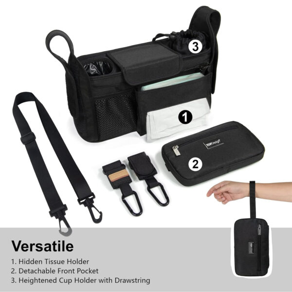 TOPDesign Universal Baby Stroller Organizer, Stroller Caddy with Detachable Mesh Bag & Heightened Insulated Cup Holders & Non-Slip Secure Hooks Accessories, Fits Most Strollers (Pink)