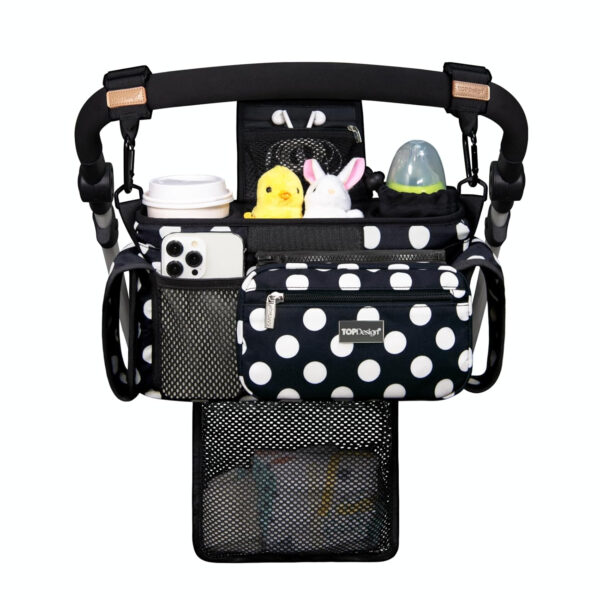 TOPDesign Universal Baby Stroller Organizer, Stroller Caddy with Detachable Mesh Bag & Heightened Insulated Cup Holders & Non-Slip Secure Hooks Accessories, Fits Most Strollers (Pink)