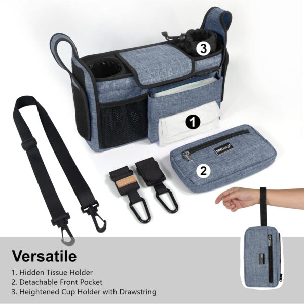 TOPDesign Universal Baby Stroller Organizer, Stroller Caddy with Detachable Mesh Bag & Heightened Insulated Cup Holders & Non-Slip Secure Hooks Accessories, Fits Most Strollers (Pink)