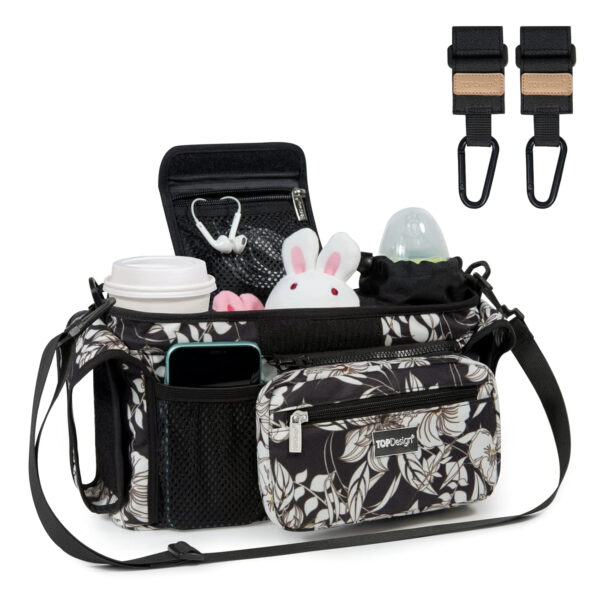 TOPDesign Universal Baby Stroller Organizer, Stroller Caddy with Detachable Mesh Bag & Heightened Insulated Cup Holders & Non-Slip Secure Hooks Accessories, Fits Most Strollers (Pink)