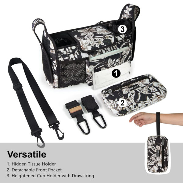 TOPDesign Universal Baby Stroller Organizer, Stroller Caddy with Detachable Mesh Bag & Heightened Insulated Cup Holders & Non-Slip Secure Hooks Accessories, Fits Most Strollers (Pink)