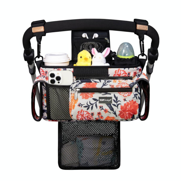TOPDesign Universal Baby Stroller Organizer, Stroller Caddy with Detachable Mesh Bag & Heightened Insulated Cup Holders & Non-Slip Secure Hooks Accessories, Fits Most Strollers (Pink)