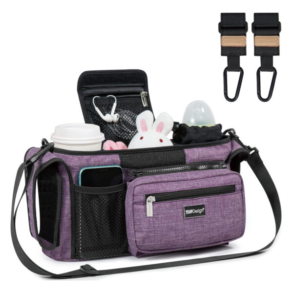 TOPDesign Universal Baby Stroller Organizer, Stroller Caddy with Detachable Mesh Bag & Heightened Insulated Cup Holders & Non-Slip Secure Hooks Accessories, Fits Most Strollers (Pink)
