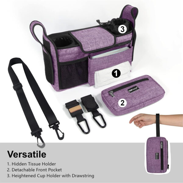 TOPDesign Universal Baby Stroller Organizer, Stroller Caddy with Detachable Mesh Bag & Heightened Insulated Cup Holders & Non-Slip Secure Hooks Accessories, Fits Most Strollers (Pink)