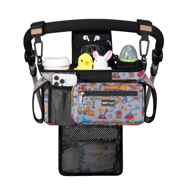 TOPDesign Universal Baby Stroller Organizer, Stroller Caddy with Detachable Mesh Bag & Heightened Insulated Cup Holders & Non-Slip Secure Hooks Accessories, Fits Most Strollers (Pink)