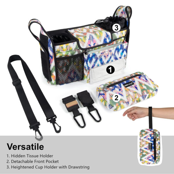 TOPDesign Universal Baby Stroller Organizer, Stroller Caddy with Detachable Mesh Bag & Heightened Insulated Cup Holders & Non-Slip Secure Hooks Accessories, Fits Most Strollers (Pink)