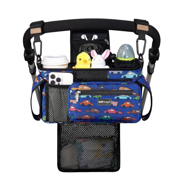 TOPDesign Universal Baby Stroller Organizer, Stroller Caddy with Detachable Mesh Bag & Heightened Insulated Cup Holders & Non-Slip Secure Hooks Accessories, Fits Most Strollers (Pink)